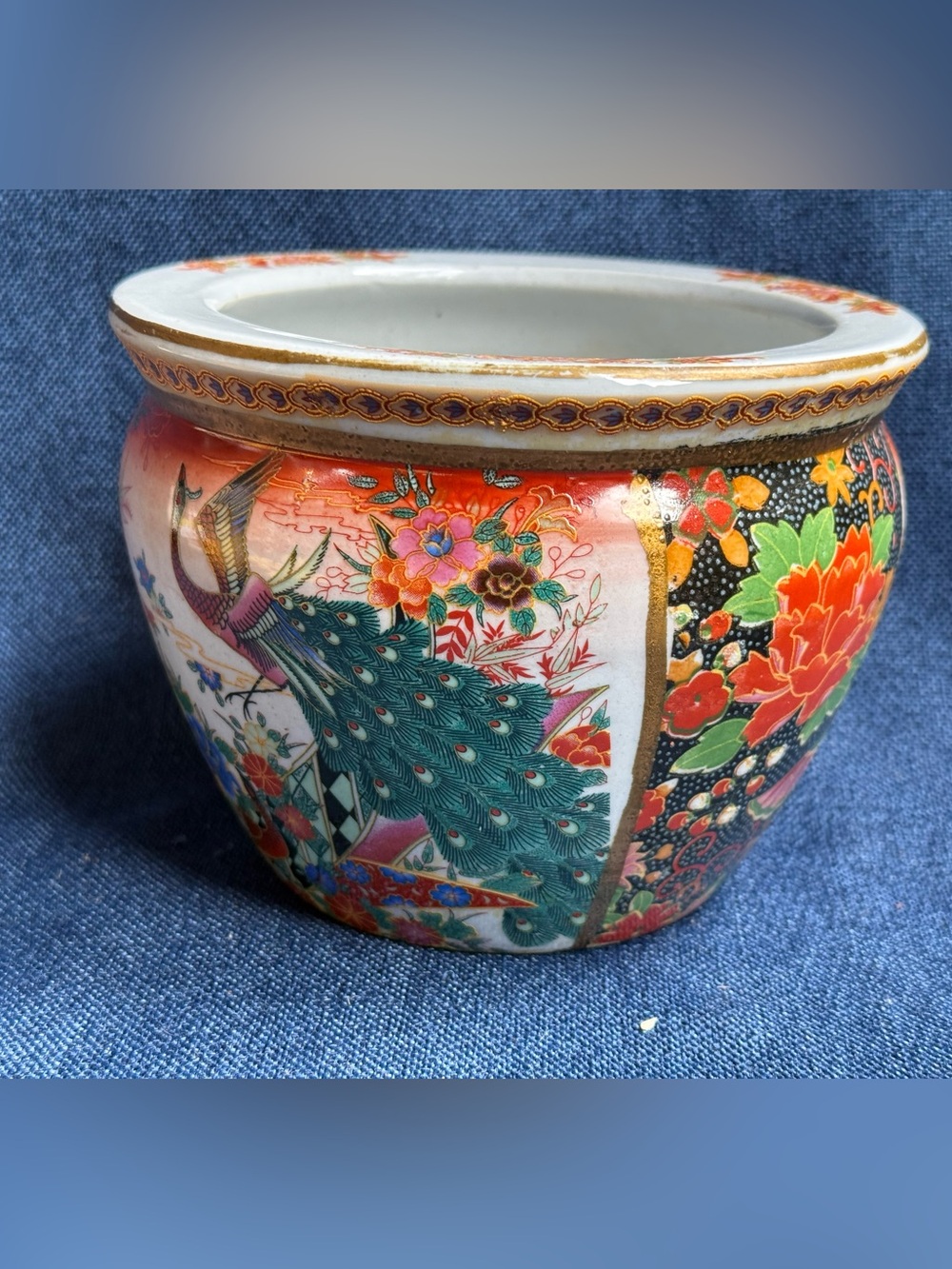 Vintage 1980s Chinese Satsuma Peacock Porcelain Fishbowl Planter 7 Inch Flawed